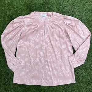 Calvin Klein Womens Flowy Floral Blush Pink Satin Balloon Sleeve Dressy Blouse M